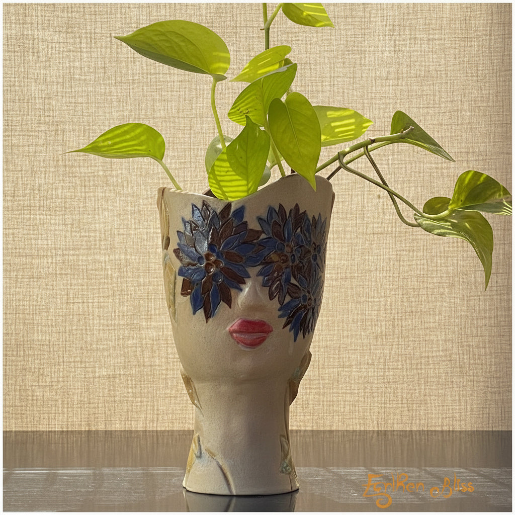 A handcrafted mask-shaped vase  with flower motif.