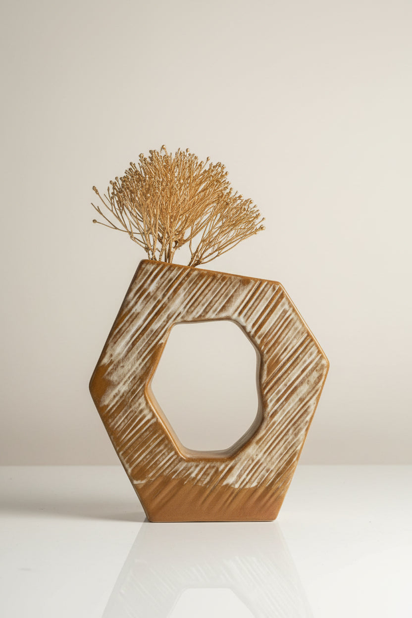Handmade rustic looking torus vase with  textured lines design.